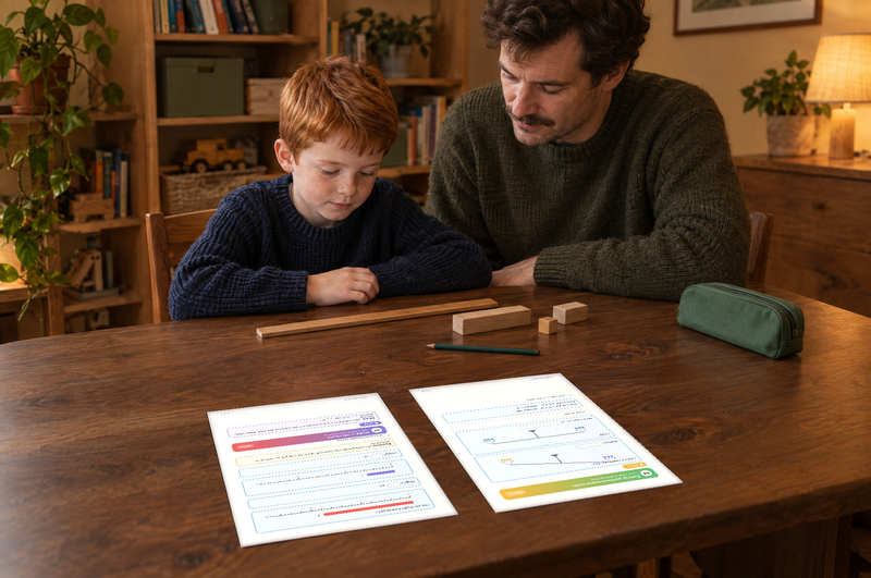 Pakiet 5: Długość, Masa i Pojemność, Klasa 1 — dziecko przy stole pracuje z prawdziwymi stronami materiału