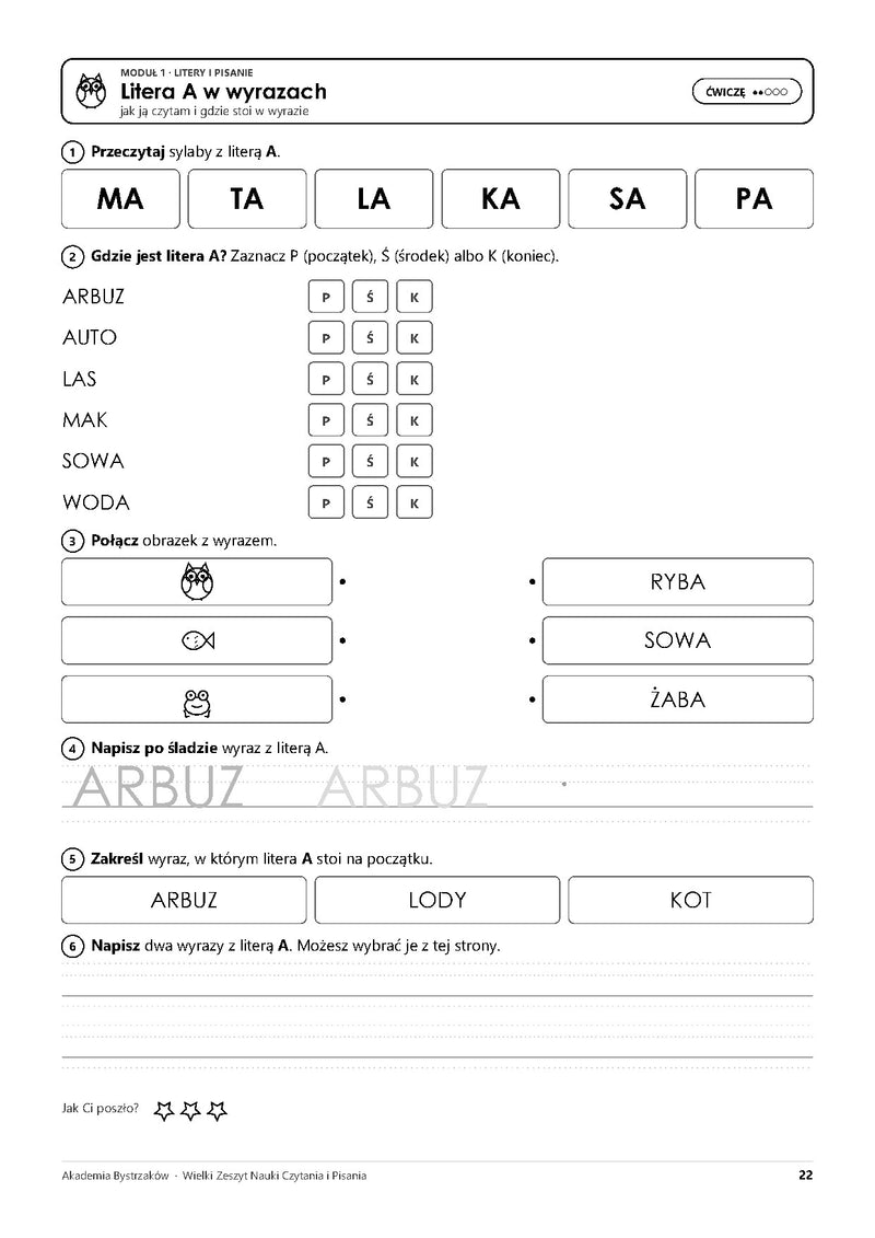 Wielki Zeszyt Nauki Czytania i Pisania — BASIC — prawdziwa strona z materiału: Litera A w wyrazach