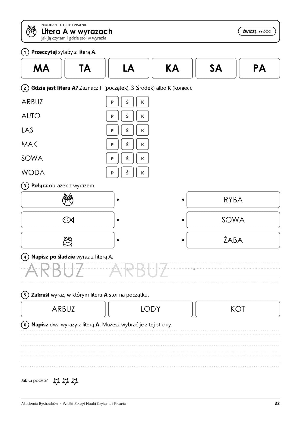 Wielki Zeszyt Nauki Czytania i Pisania — BASIC — prawdziwa strona z materiału: Litera A w wyrazach