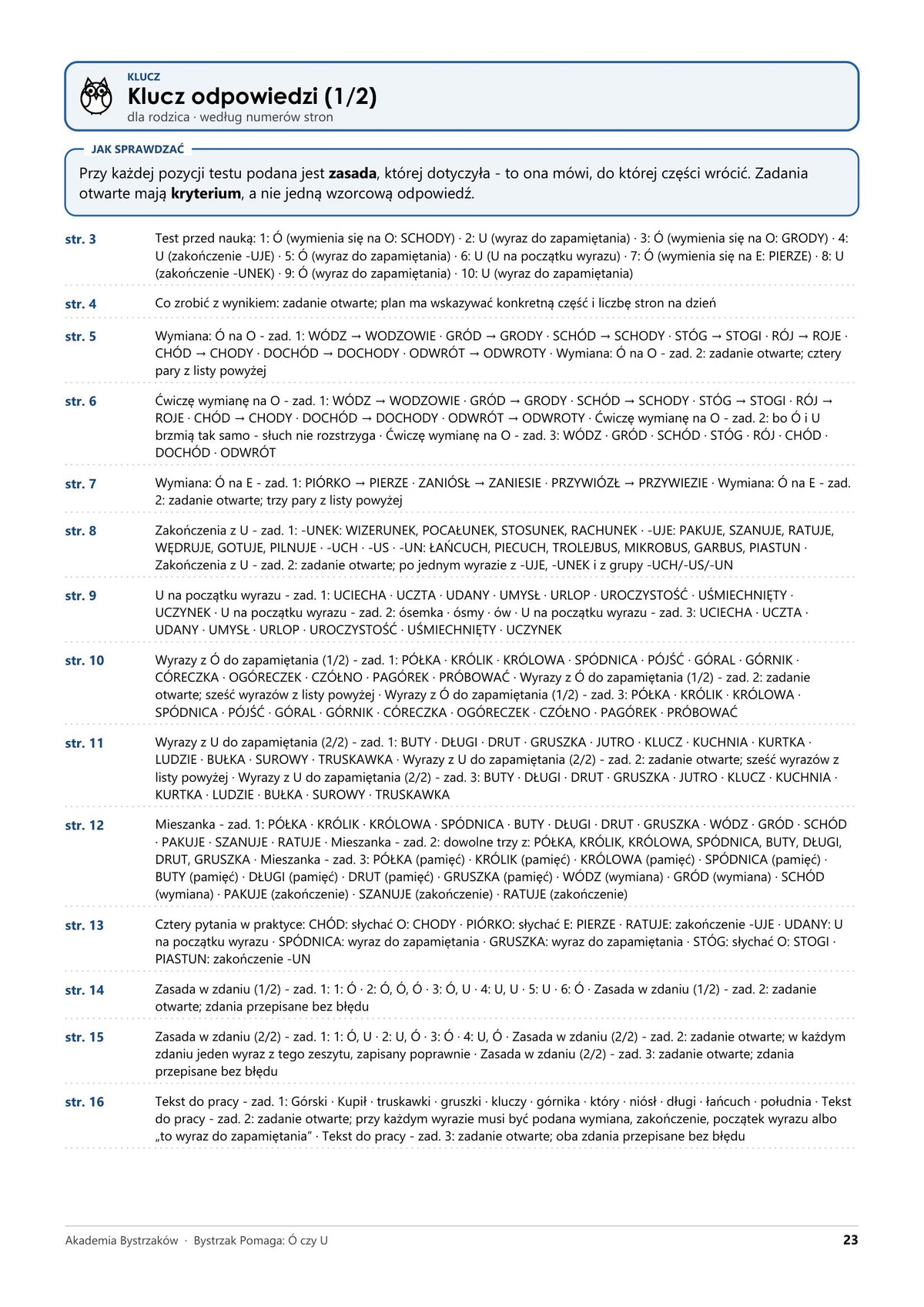 Bystrzak Pomaga: Ó czy U — prawdziwa strona z pliku: klucz odpowiedzi dla rodzica