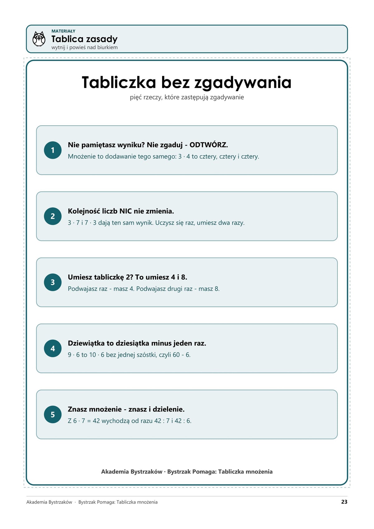 Bystrzak Pomaga: Tabliczka mnożenia — prawdziwa strona z pliku: tablica zasady do wycięcia